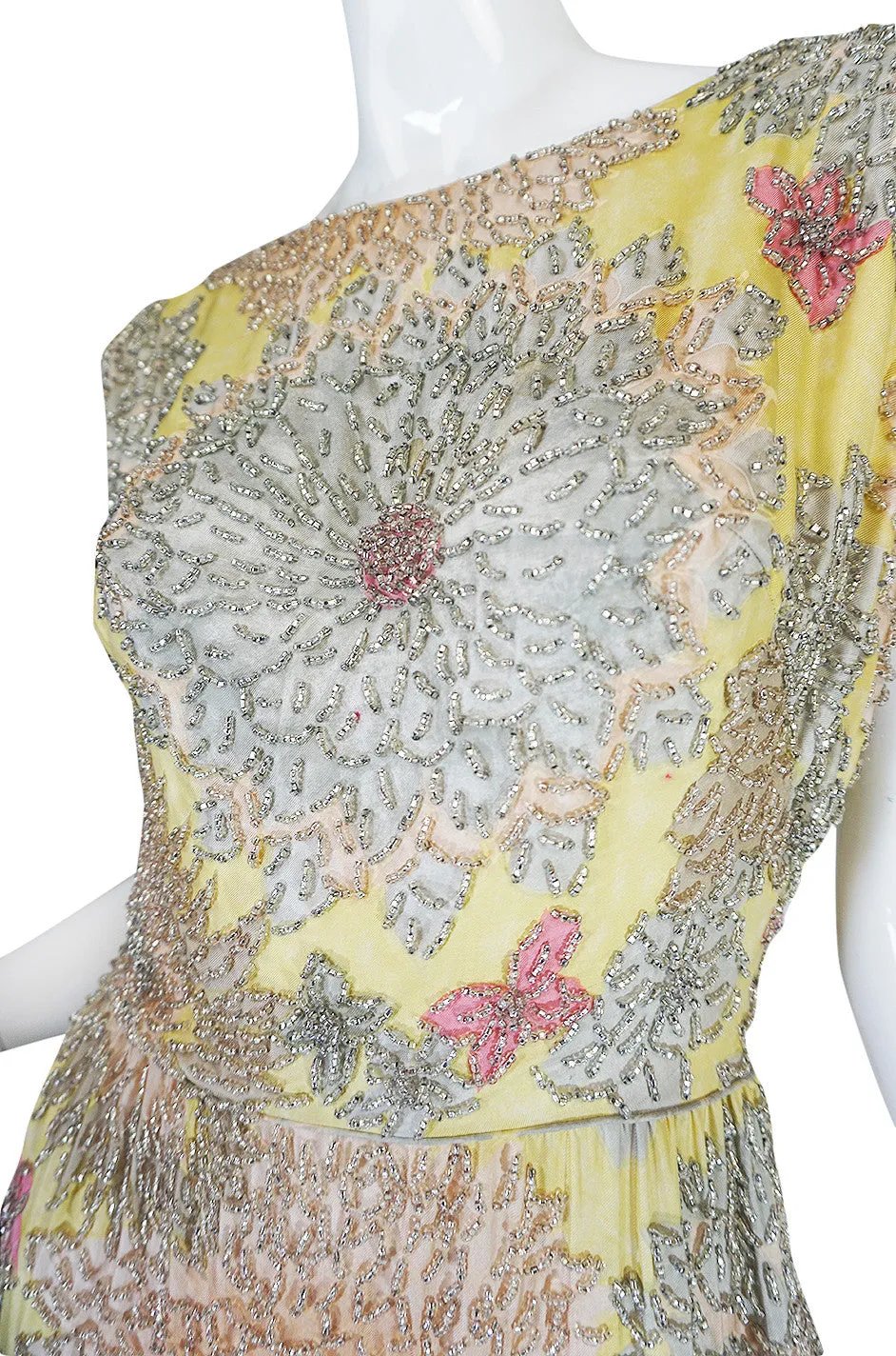 1960s Densely Beaded Malcolm Starr Floral Silk Dress