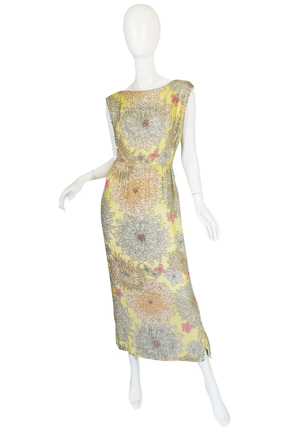 1960s Densely Beaded Malcolm Starr Floral Silk Dress