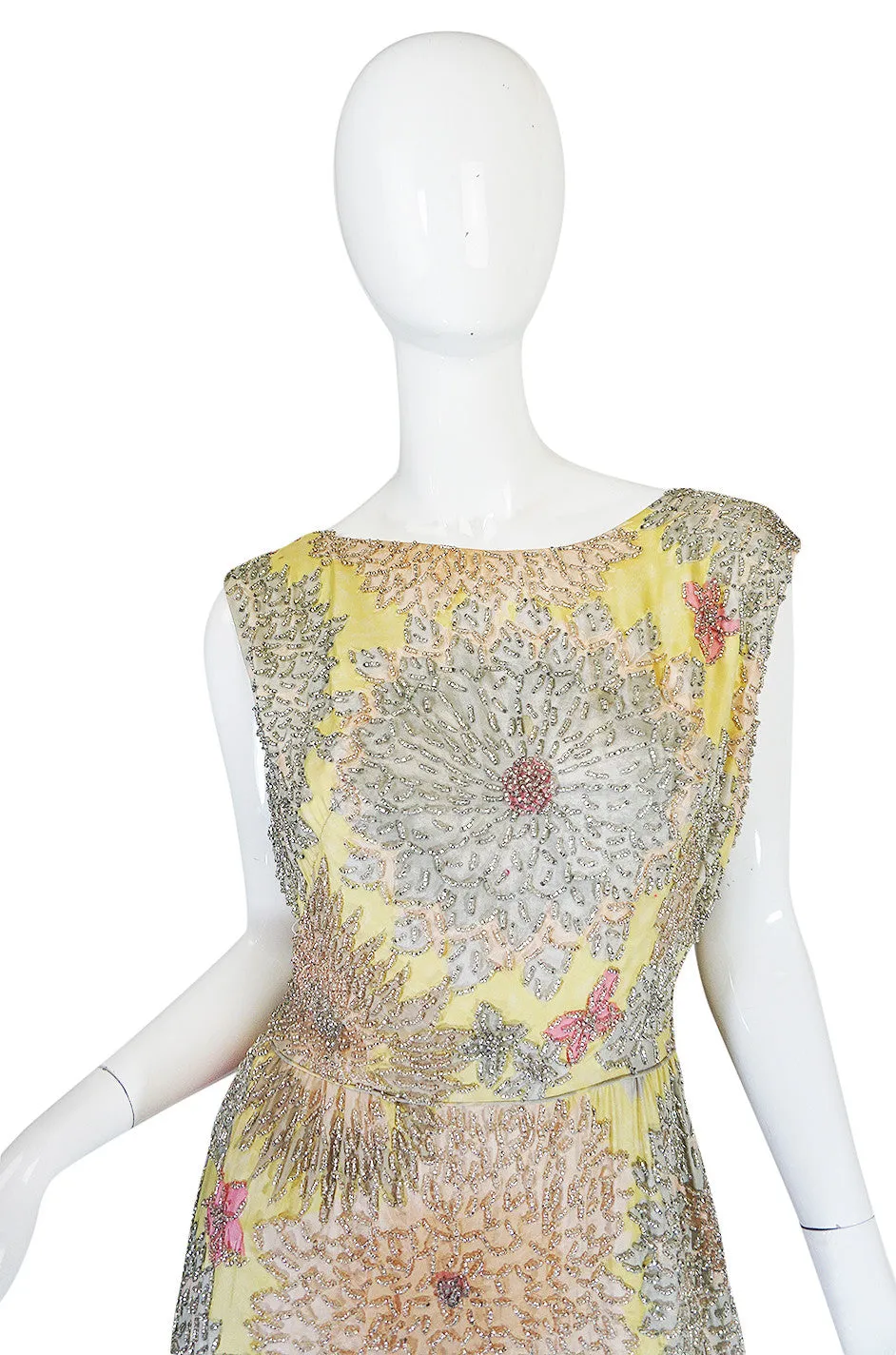 1960s Densely Beaded Malcolm Starr Floral Silk Dress