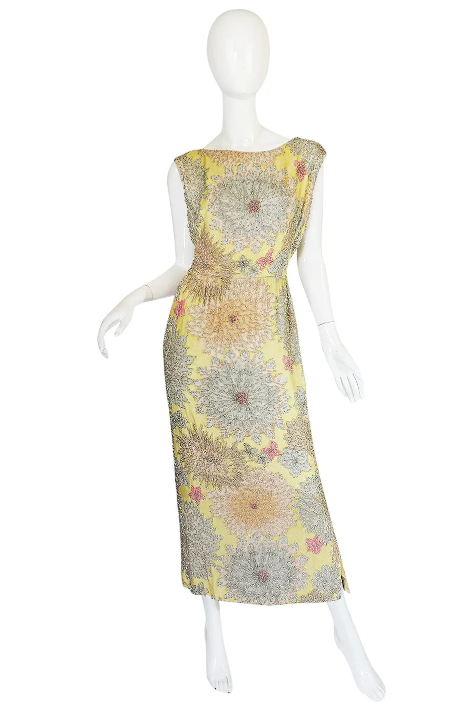 1960s Densely Beaded Malcolm Starr Floral Silk Dress