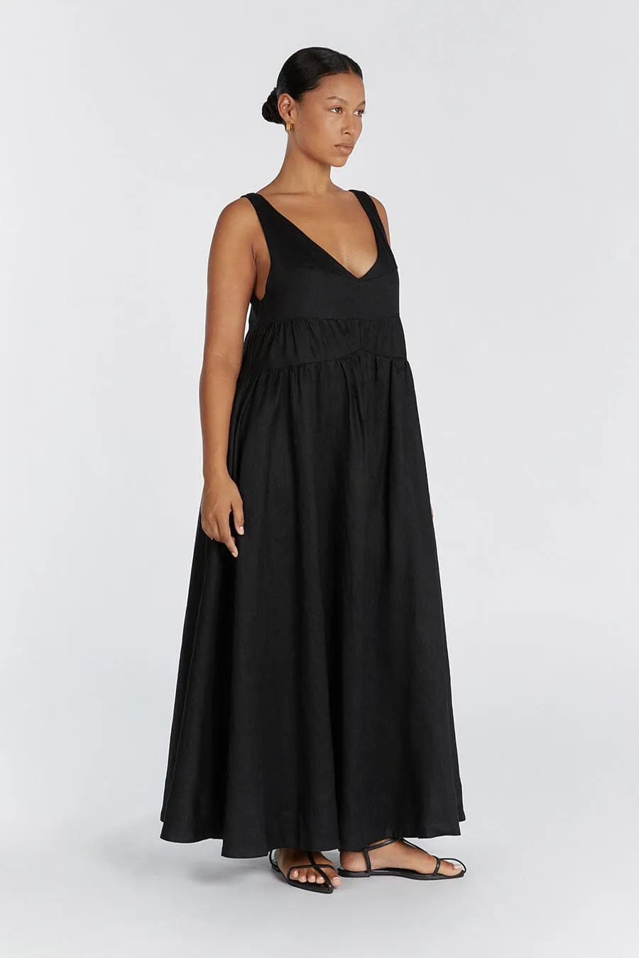 ARLO BLACK V NECK LINEN MAXI DRESS