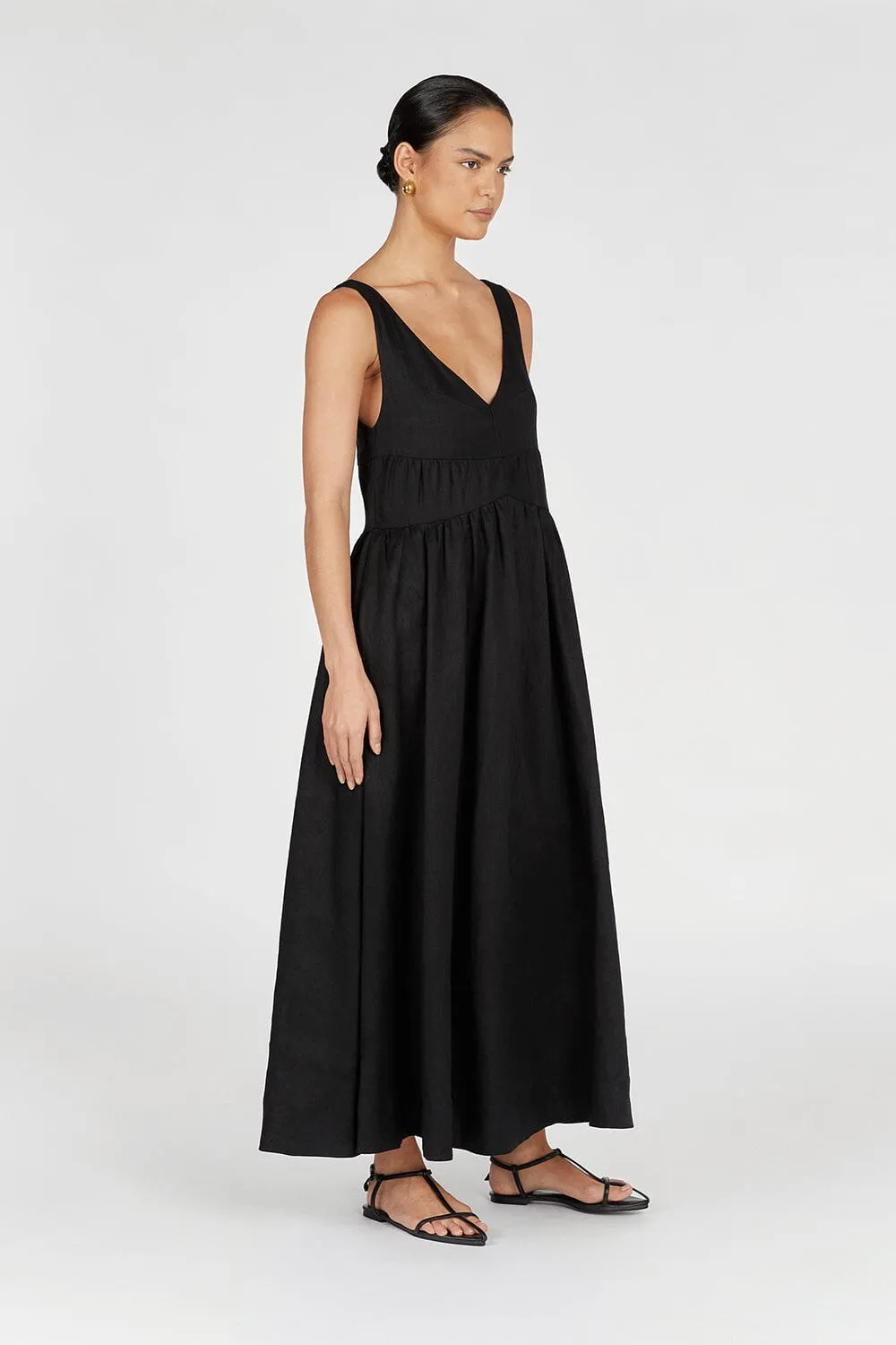 ARLO BLACK V NECK LINEN MAXI DRESS