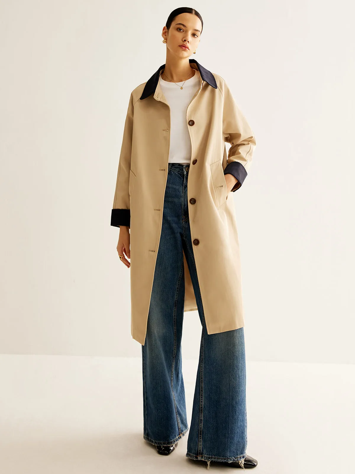 Contrast Binding Long Trench Coat