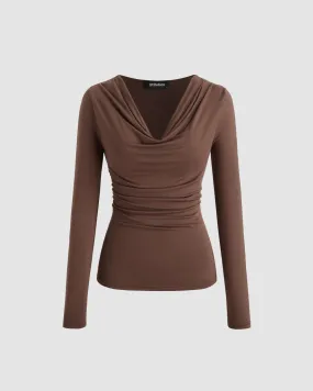 Cowl Neck Solid Ruched Long Sleeve Brown Top