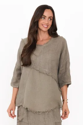 Denae Taupe Linen Frayed Top