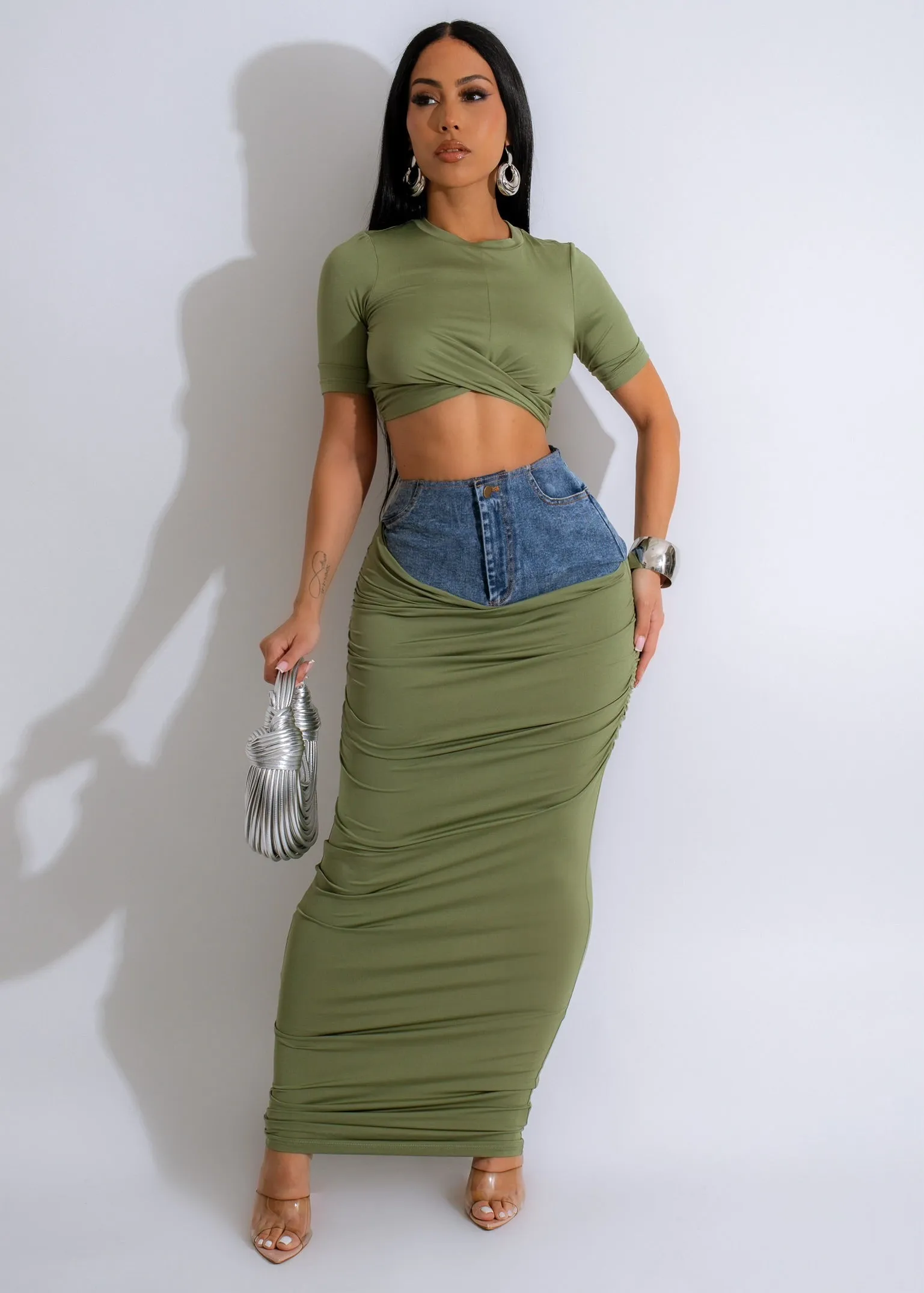 Don't Come Back Ruched Denim Skirt Set Green