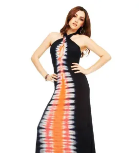 E-Motions Halter Maxi Dress Black Orange Tie Dye