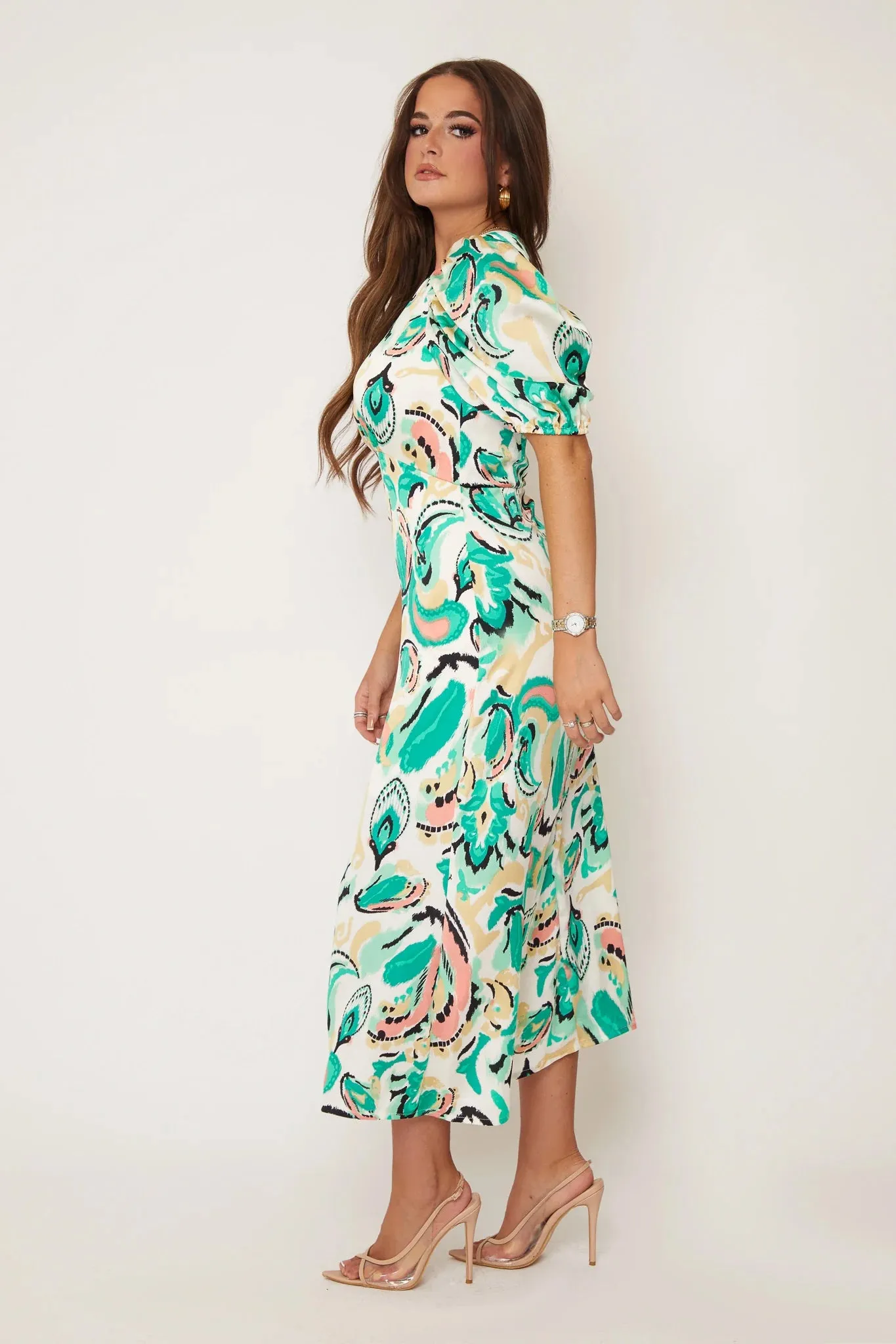 Girl in Mind Tahlia Pastel Abstract Print Puff Sleeve Midi Dress