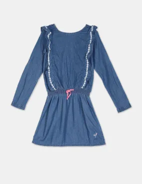 Girls Blue Ruffle Accent Washed Denim Dress