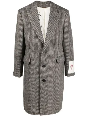 GREY WOOL COAT WITH LOGO PATCH