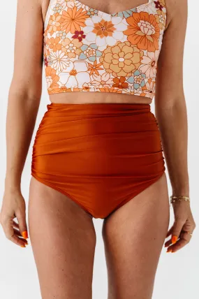 High Waisted Ruched Bottoms in Rust