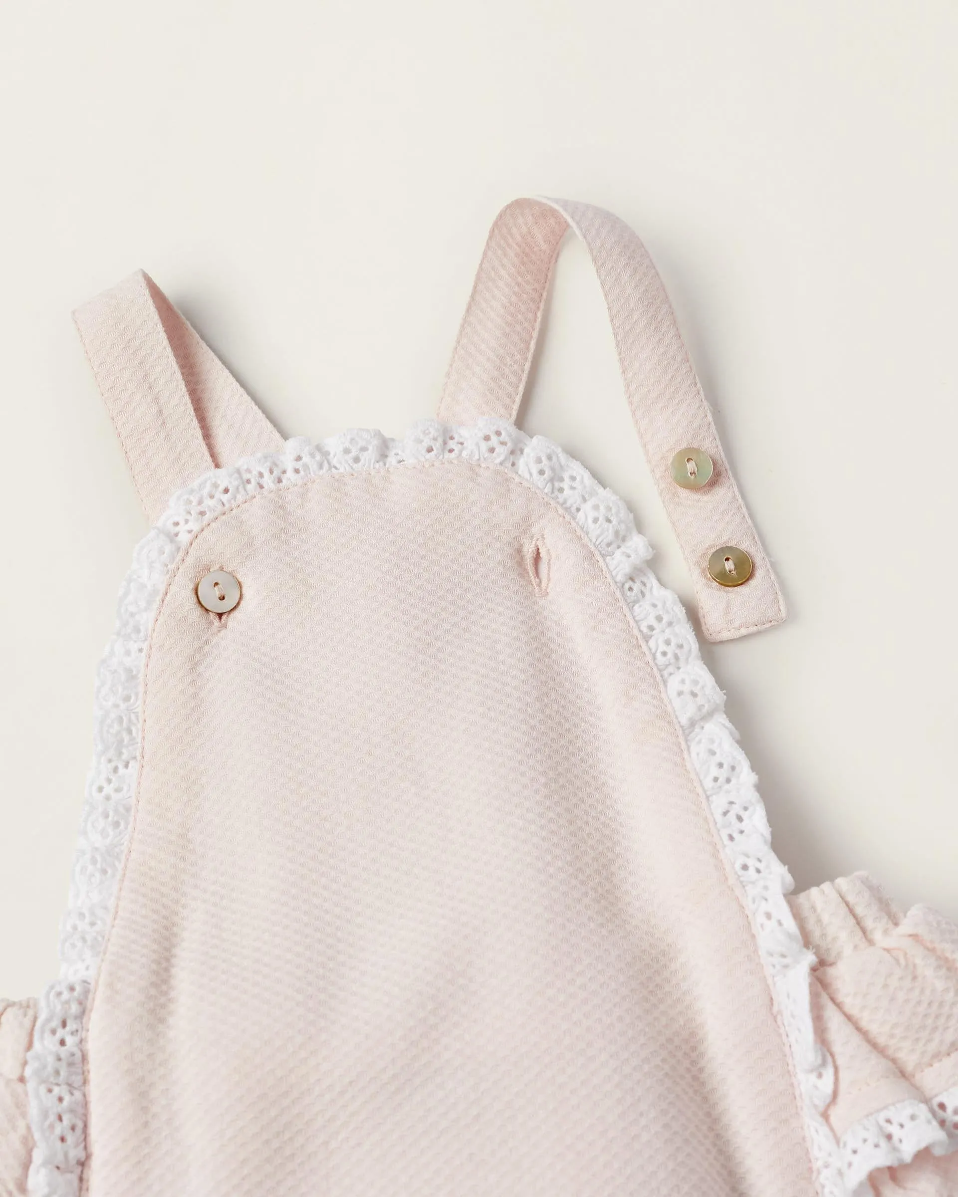 Jumpsuit in Piqué Cotton with Lace for Newborn Girls, Light Pink