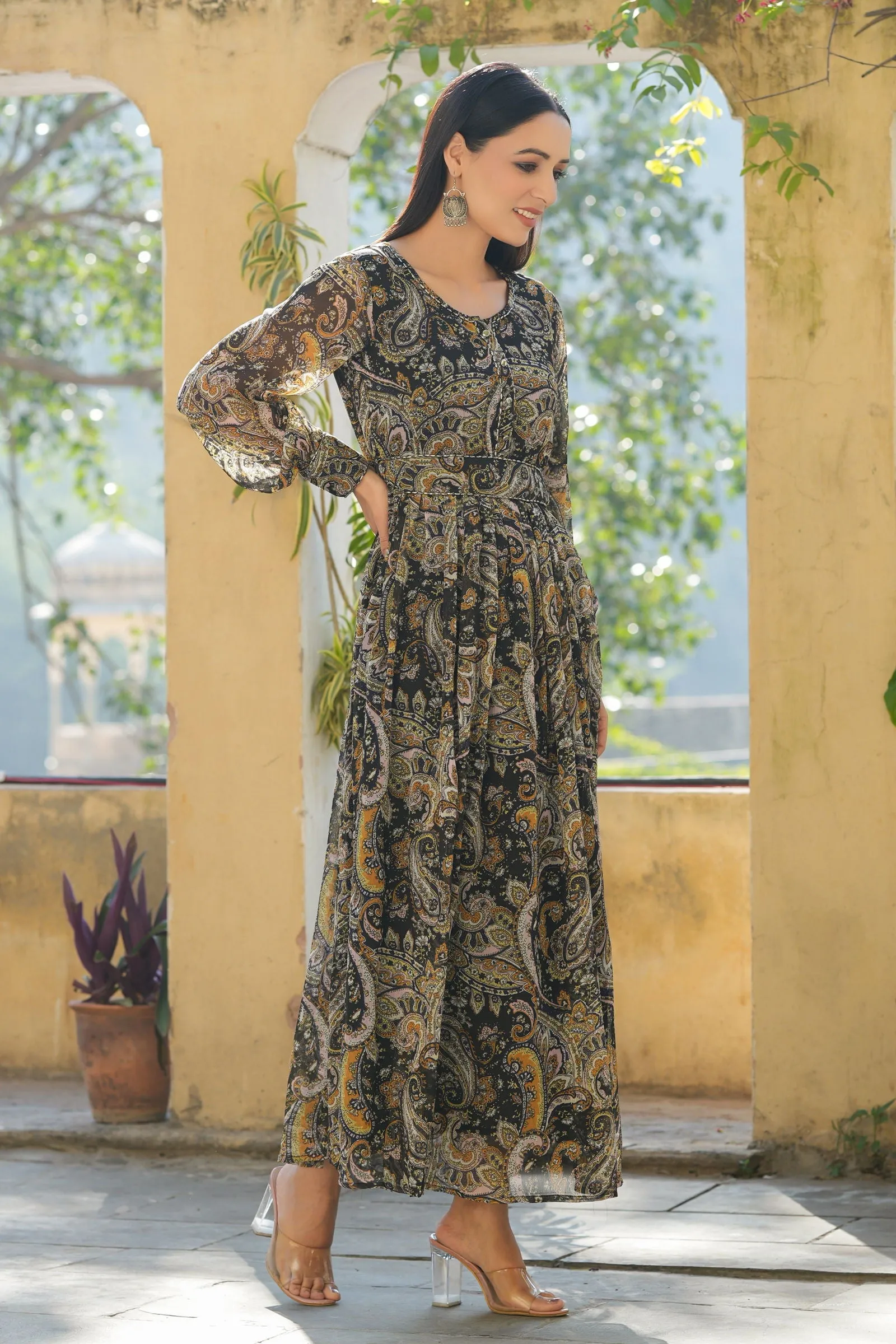 Juniper Black Paisley Printed Chiffon Flared Maxi Dress With Buttons