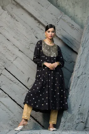 Juniper Black Rayon Festive Foil Printed Anarkali Flared Anarkali Kurta For Women