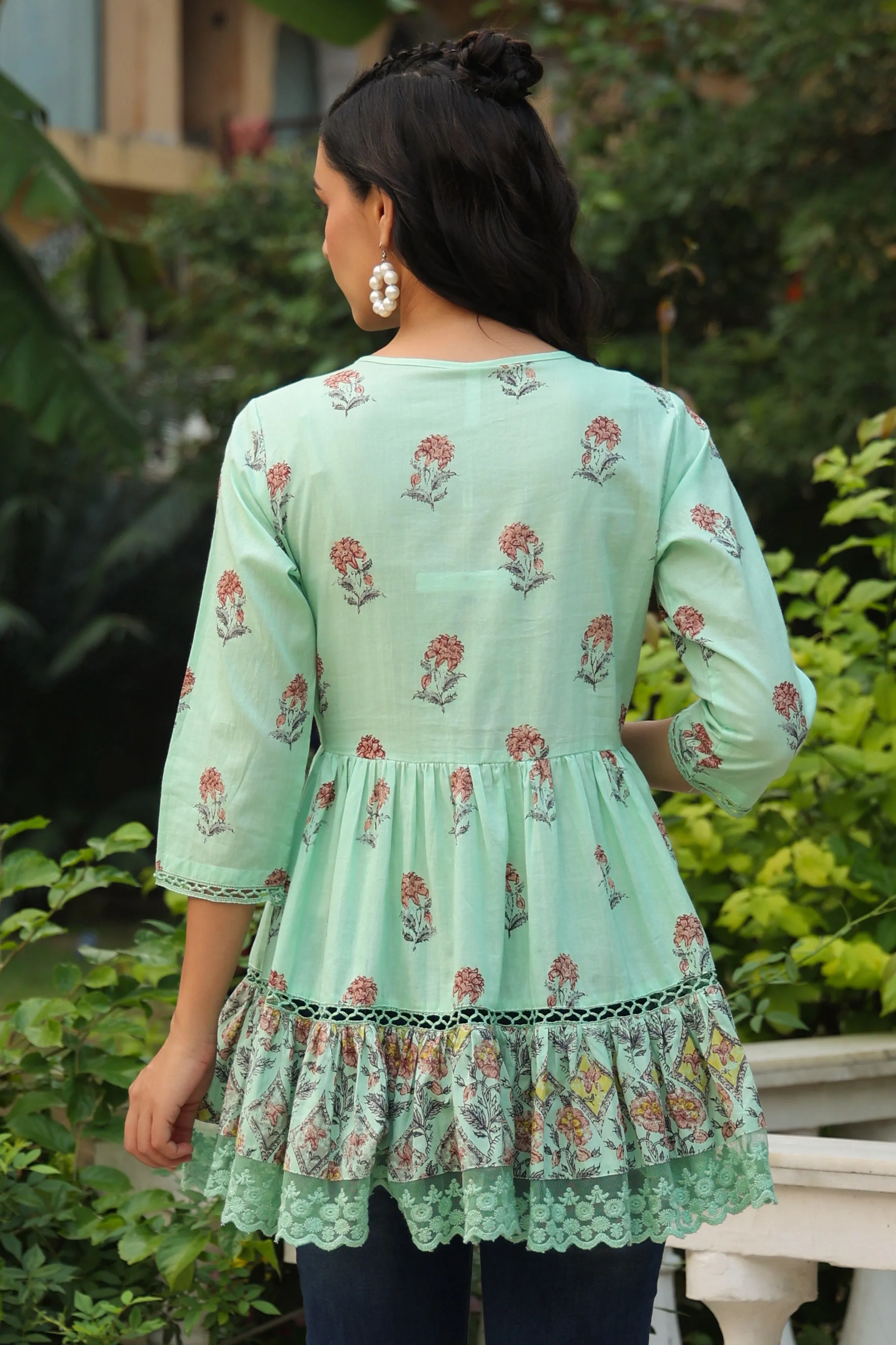 Juniper Pista Green Floral Printed Pure Cotton Peplum Tunic With Lace