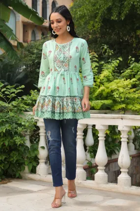 Juniper Pista Green Floral Printed Pure Cotton Peplum Tunic With Lace