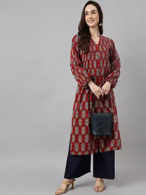 Maroon Cotton Floral Print Flared Kurta