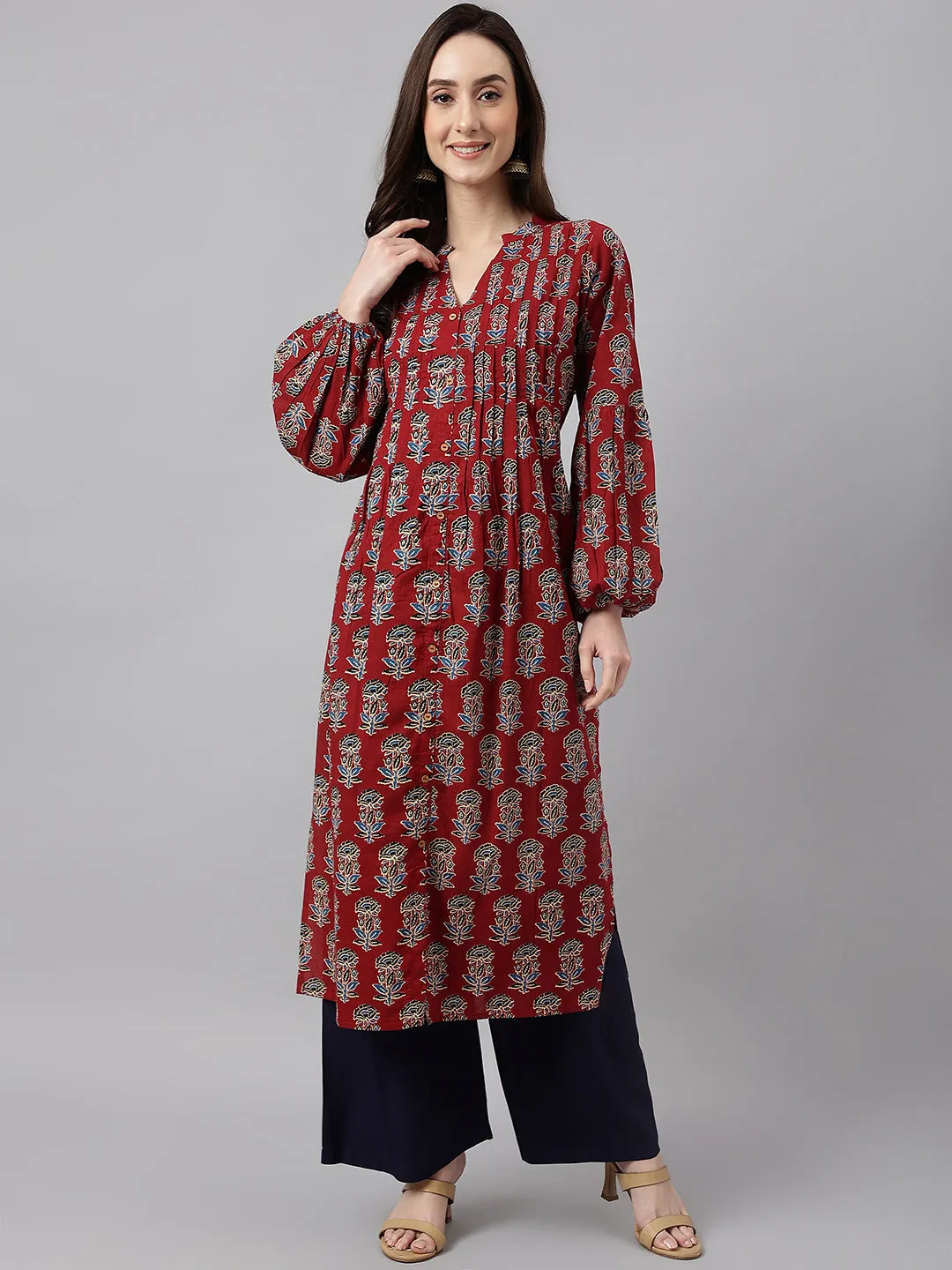 Maroon Cotton Floral Print Flared Kurta