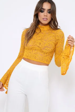 Mustard Lace High Neck Crop Top with Key Hole Back - Ellah