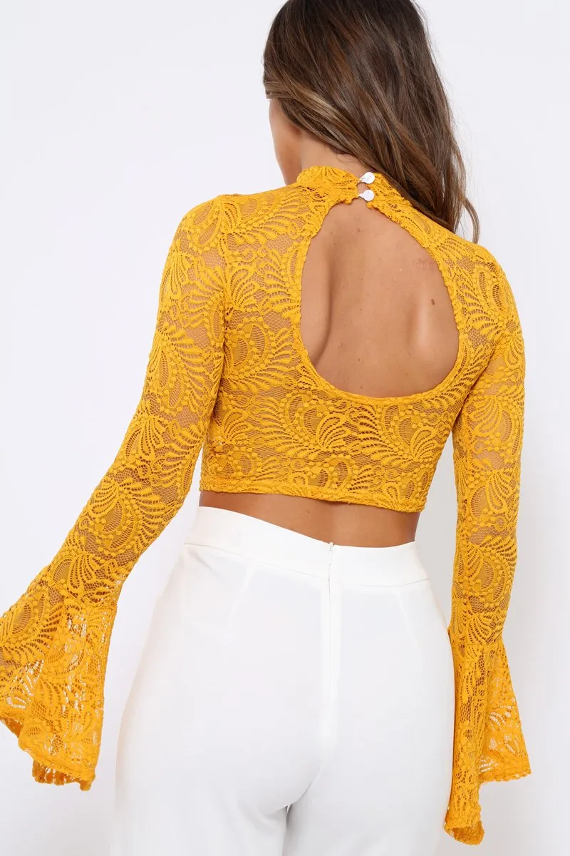 Mustard Lace High Neck Crop Top with Key Hole Back - Ellah