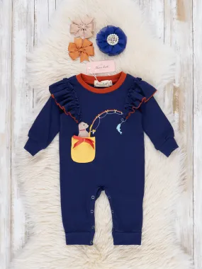 Navy Embroidered Fishing Puppy Ruffle Romper