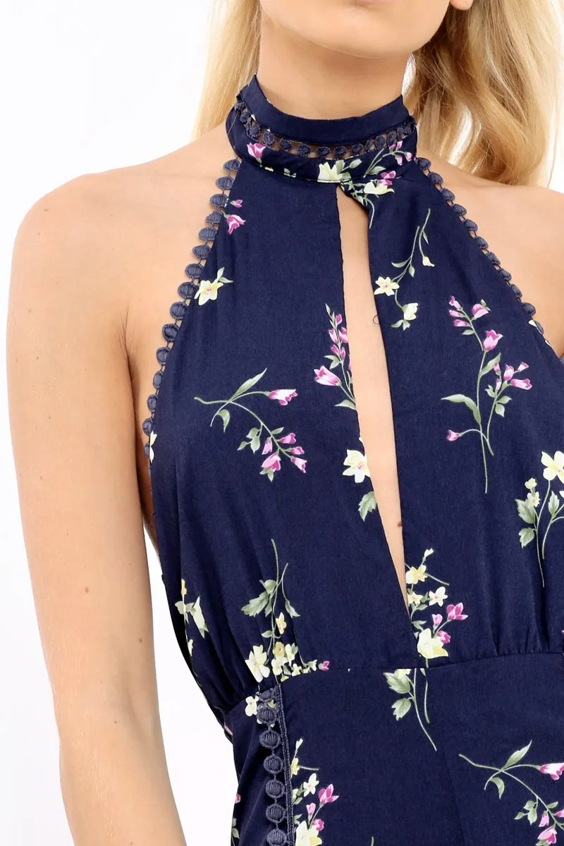 Navy Floral Halter Neck Plunge Playsuit - Mia