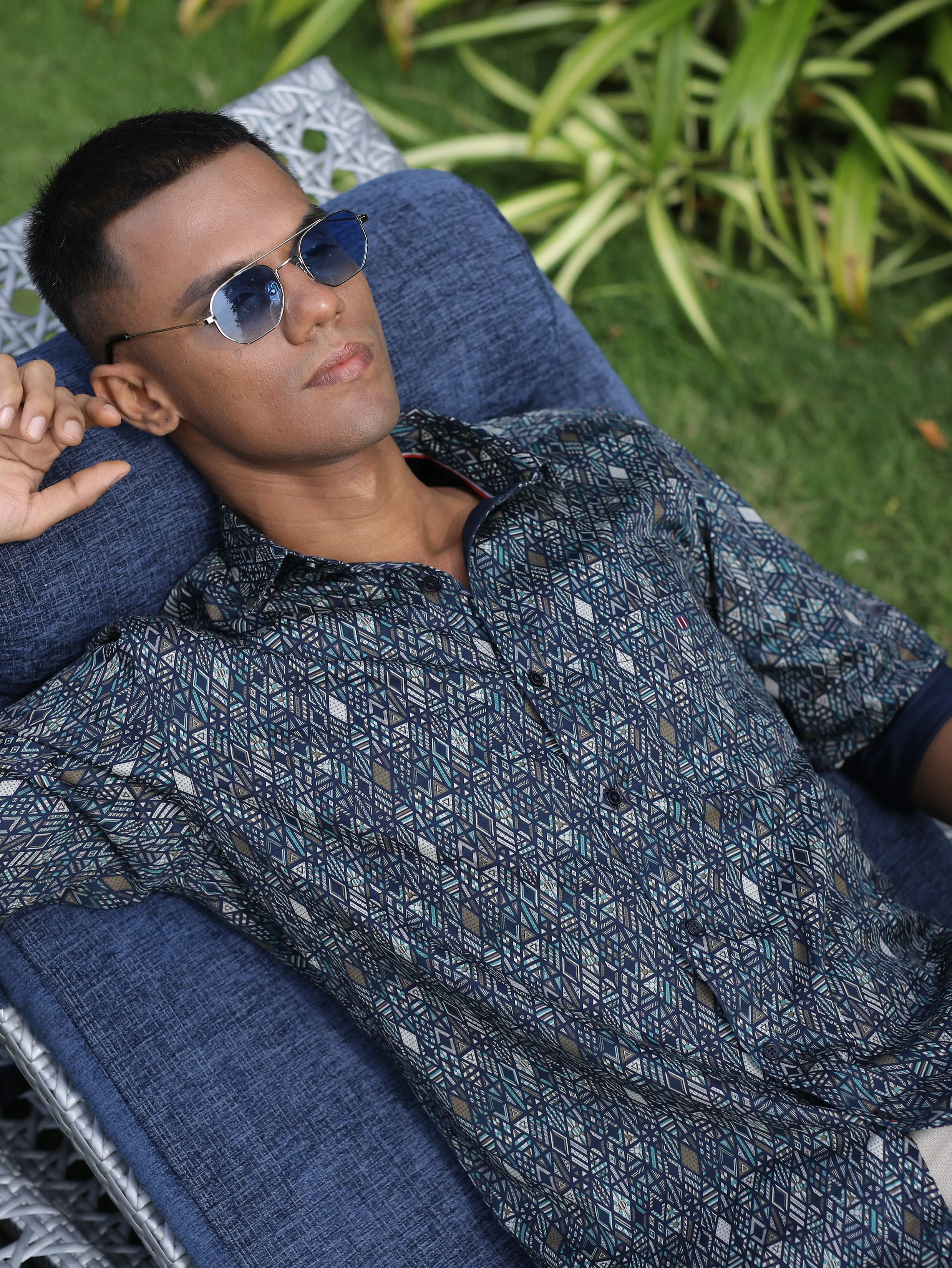 Navy Printed Smart Casual Shirt. Trim Fit - SSOHSMC051_NAVY