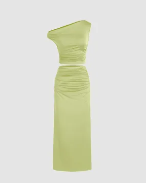 One Shoulder Ruched Cropped Top & Long High-Waisted Skirt Set In Green