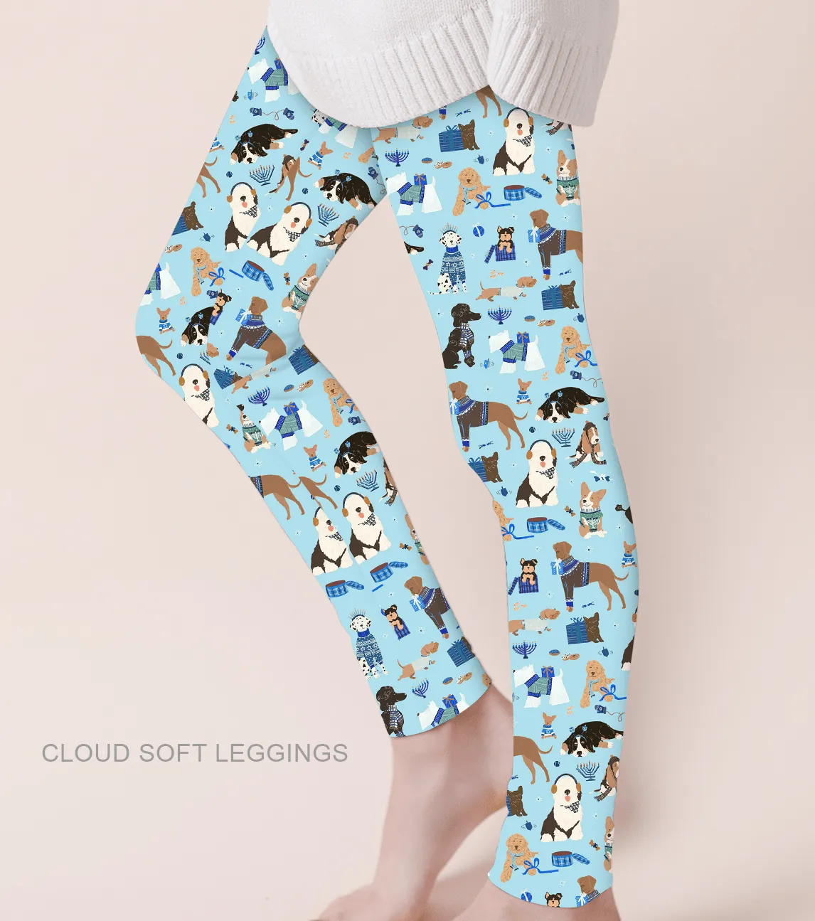 [Pre Order] Merry & Bright Hanukkah Hounds - Adult & Kids Casual Cloud Soft Yoga Band Leggings (EST SHIP LATE OCT)