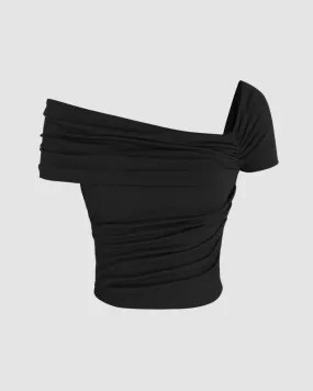 Ruched Off-Shoulder Short Sleeve Crop Top In Black