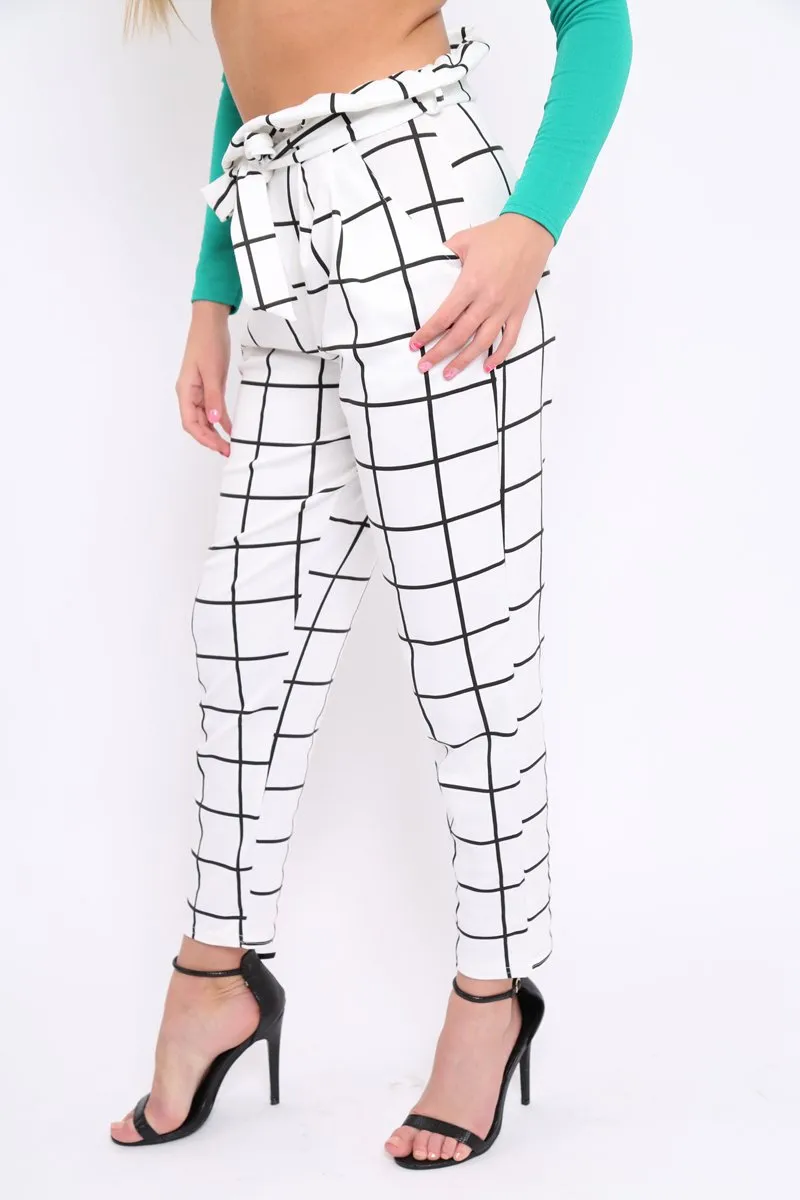 White Check Paper Bag Tie Waist Cigarette Trousers - Karmen