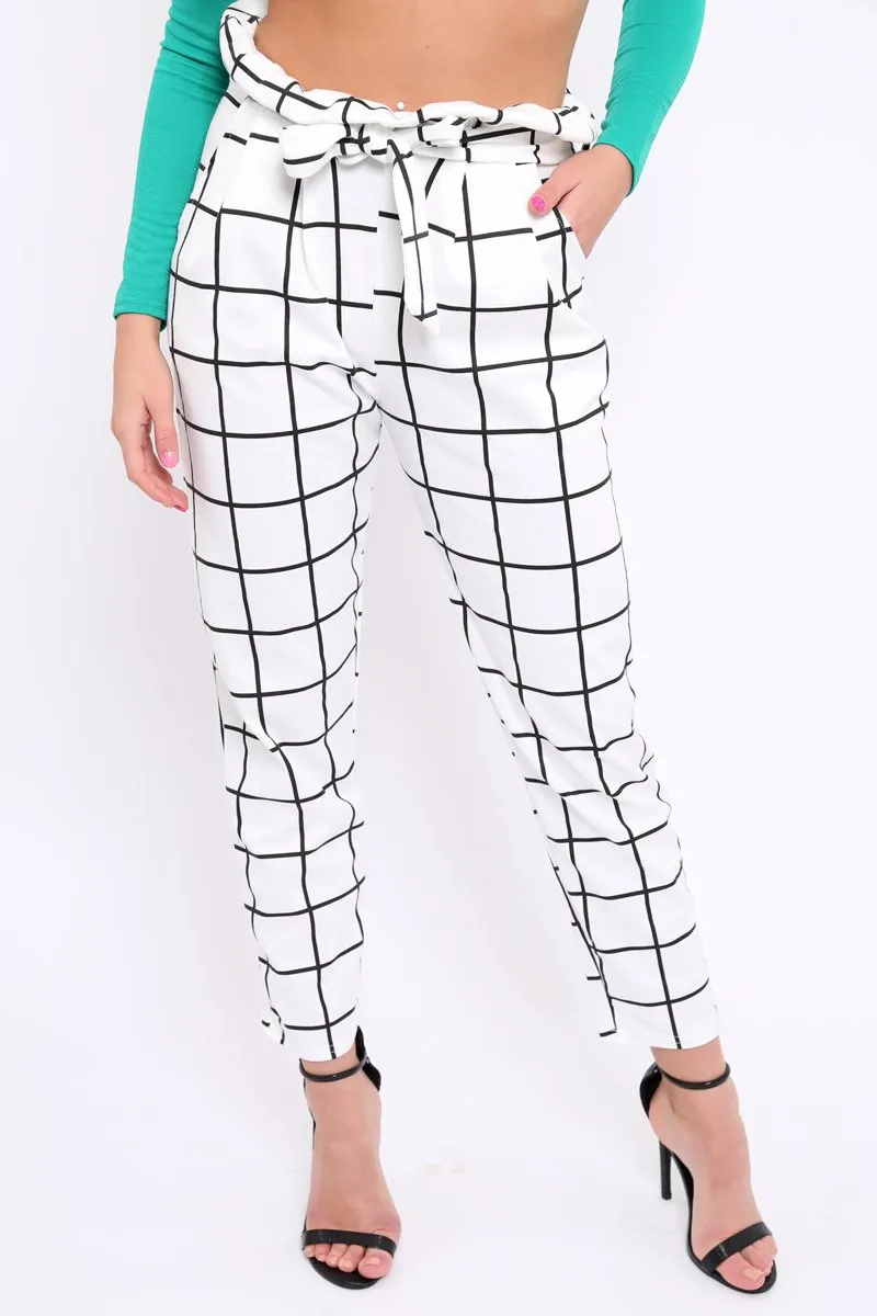 White Check Paper Bag Tie Waist Cigarette Trousers - Karmen