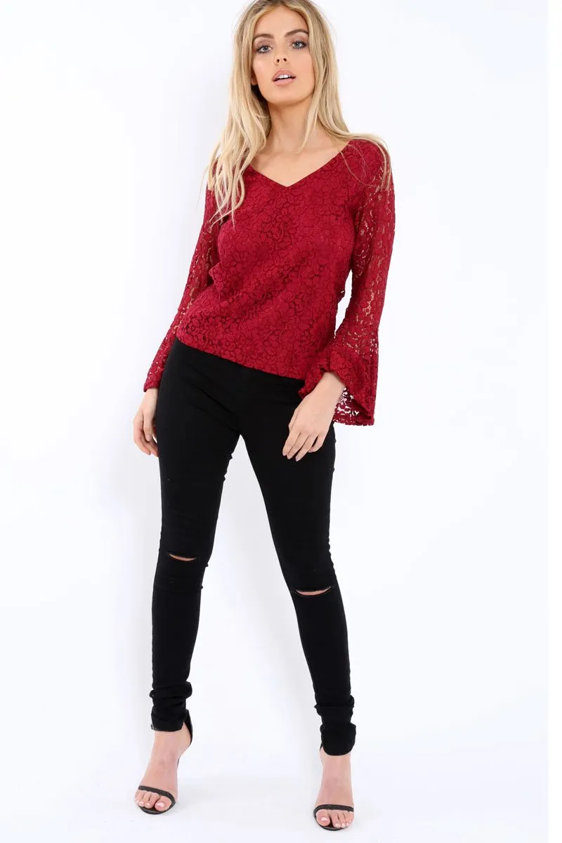 Wine Lace V Neck Top - Honey