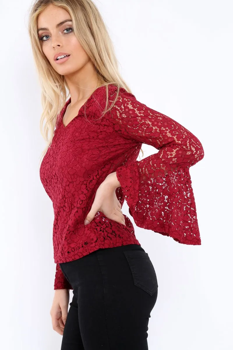 Wine Lace V Neck Top - Honey