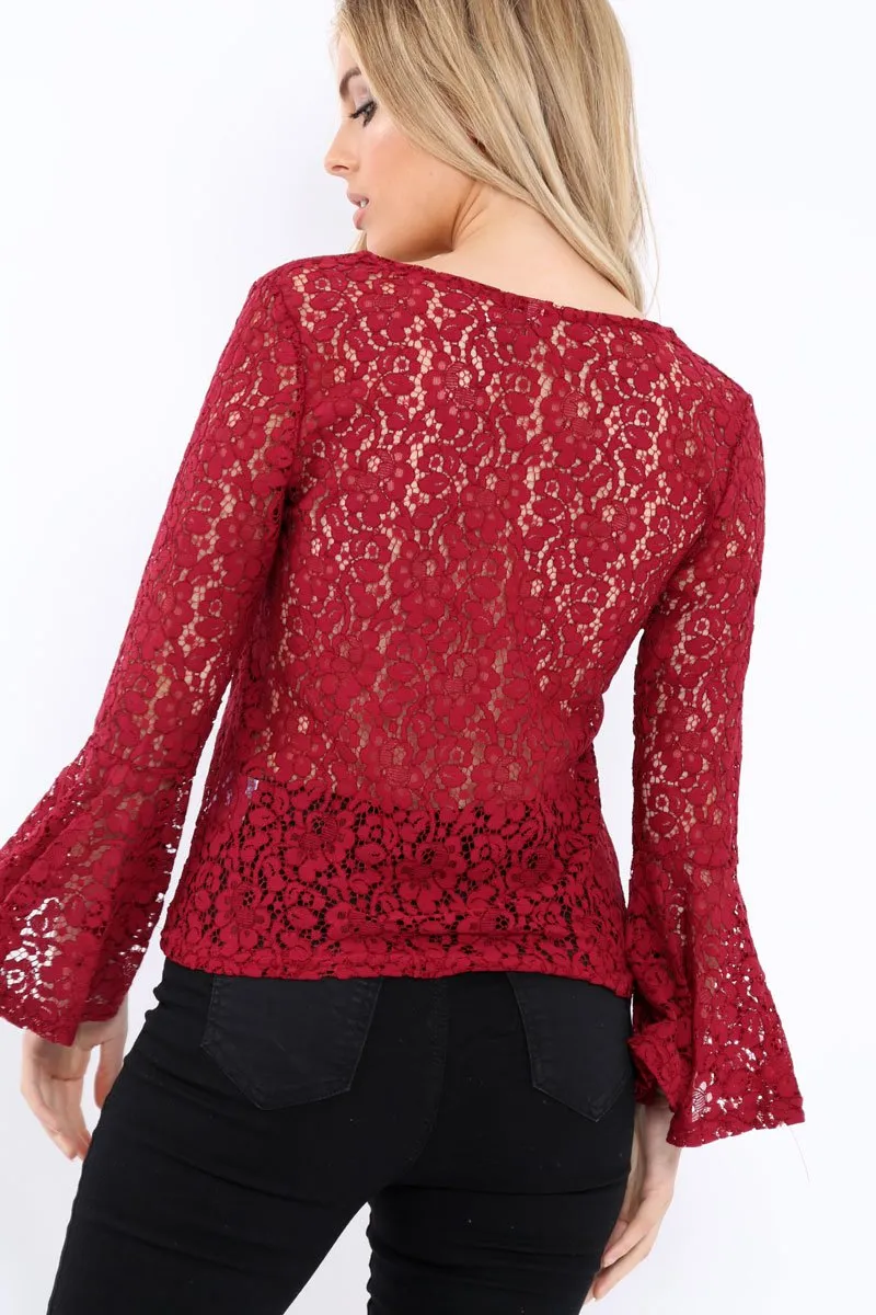 Wine Lace V Neck Top - Honey